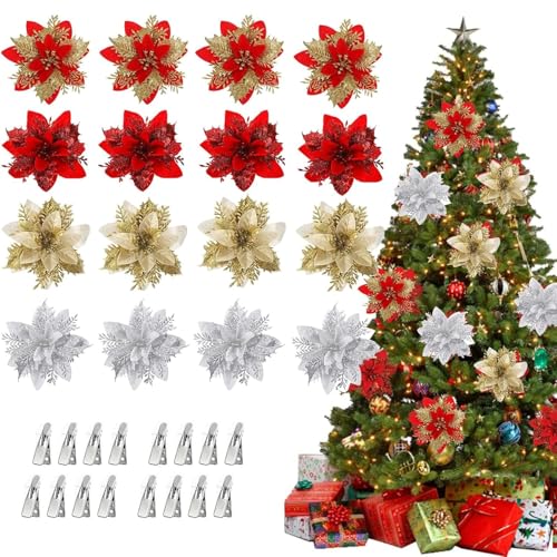 Plexaris Christmas Tree Decoration Items, 16Pcs Christmas Artificial Flower with 16Pcs Clips, Poinsettia Flowers Artificial Christmas Decorations Items for Home Xmas Decorations Items Garland Wreath Making - Image 1
