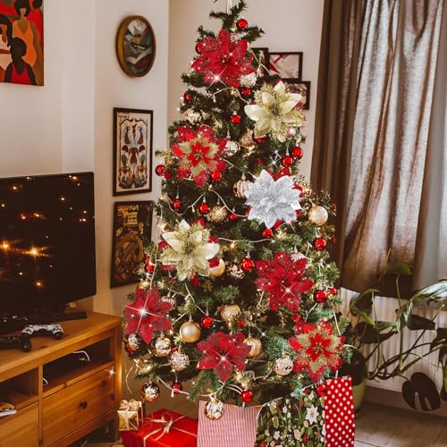 Plexaris Christmas Tree Decoration Items, 16Pcs Christmas Artificial Flower with 16Pcs Clips, Poinsettia Flowers Artificial Christmas Decorations Items for Home Xmas Decorations Items Garland Wreath Making - Image 3