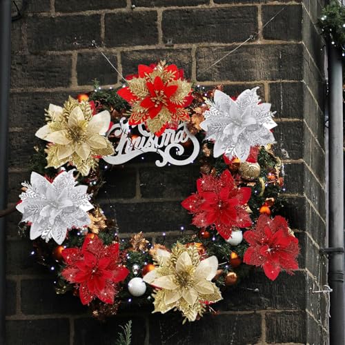Plexaris Christmas Tree Decoration Items, 16Pcs Christmas Artificial Flower with 16Pcs Clips, Poinsettia Flowers Artificial Christmas Decorations Items for Home Xmas Decorations Items Garland Wreath Making - Image 5