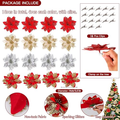 Plexaris Christmas Tree Decoration Items, 16Pcs Christmas Artificial Flower with 16Pcs Clips, Poinsettia Flowers Artificial Christmas Decorations Items for Home Xmas Decorations Items Garland Wreath Making - Image 2