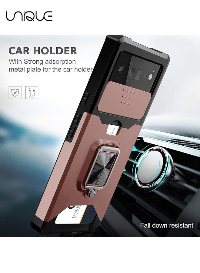 يونيك لغطاء Google Pixel 6 مع غطاء كاميرا منزلق وفتحة حامل بطاقة ، وغطاء Google Pixel 6 مع دعم الشحن اللاسلكي ، وحقيبة محفظة مع مسند دائري 360 درجة (أسود) - Image 4