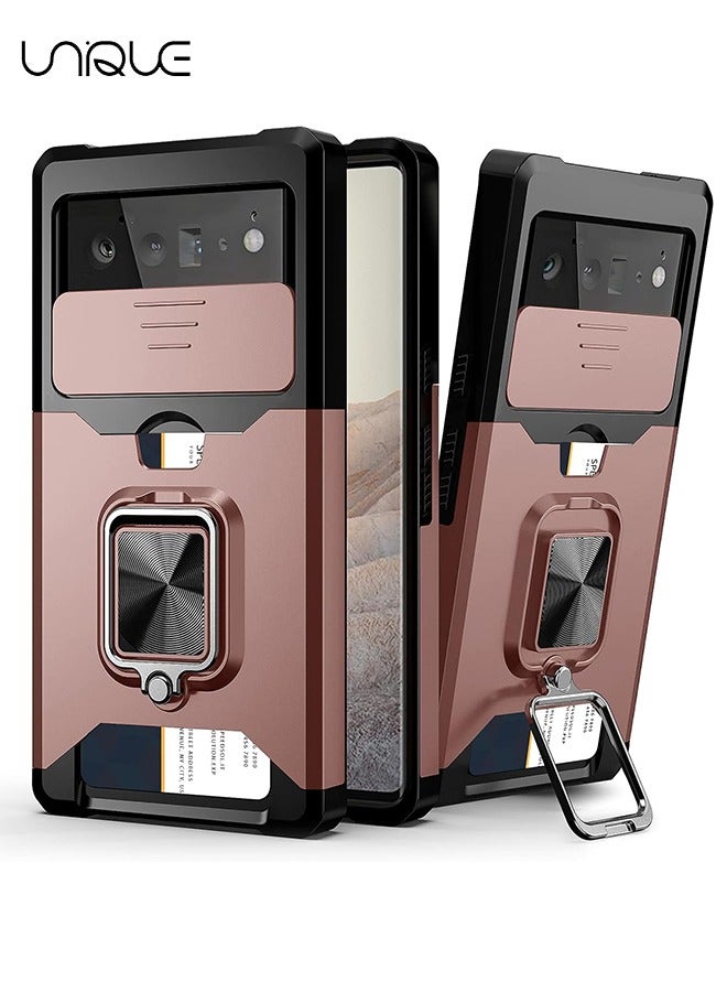 يونيك لغطاء Google Pixel 6 مع غطاء كاميرا منزلق وفتحة حامل بطاقة ، وغطاء Google Pixel 6 مع دعم الشحن اللاسلكي ، وحقيبة محفظة مع مسند دائري 360 درجة (أسود) - Image 1