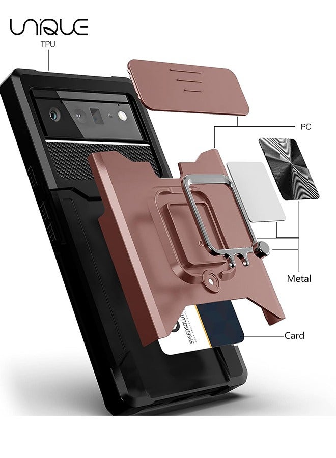 يونيك لغطاء Google Pixel 6 مع غطاء كاميرا منزلق وفتحة حامل بطاقة ، وغطاء Google Pixel 6 مع دعم الشحن اللاسلكي ، وحقيبة محفظة مع مسند دائري 360 درجة (أسود) - Image 2