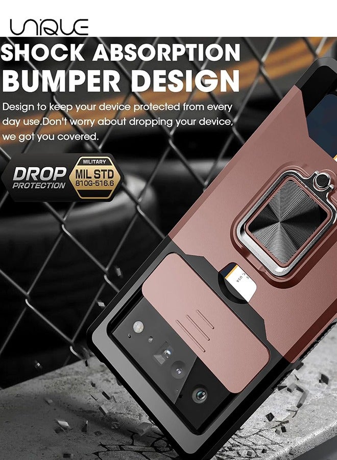 يونيك لغطاء Google Pixel 6 مع غطاء كاميرا منزلق وفتحة حامل بطاقة ، وغطاء Google Pixel 6 مع دعم الشحن اللاسلكي ، وحقيبة محفظة مع مسند دائري 360 درجة (أسود) - Image 3