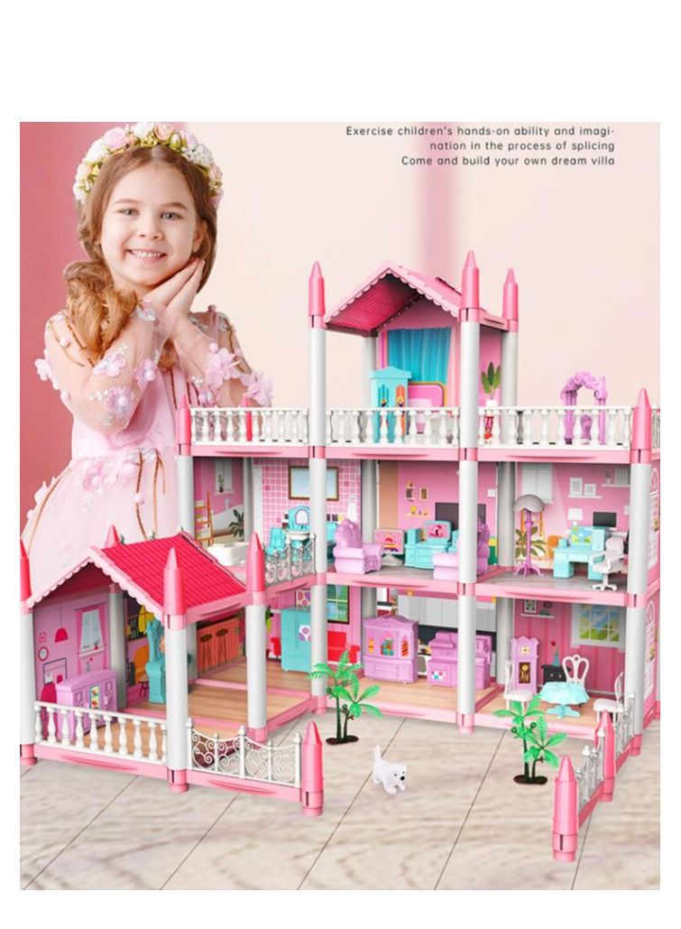 ميكسد بيت الدمية    3 طوابق 9 غرف منزل فيلا   مجموعة ألعاب بناء DIY  تزيين إكسسوارات وأثاث بيت الدمى   هدية للأطفال - Image 3