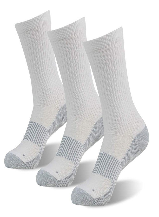 FOOTPLUS 3 Pairs Copper Compression Running Socks,Crew Breathable Mid Calf Thick Cushioned Trekking Camping Moisture Wicking Marathon Odor Free Climbing Socks,White, Large - Image 1