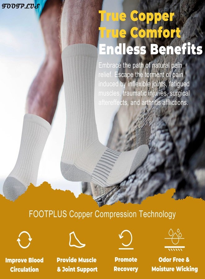 FOOTPLUS 3 Pairs Copper Compression Running Socks,Crew Breathable Mid Calf Thick Cushioned Trekking Camping Moisture Wicking Marathon Odor Free Climbing Socks,White, Large - Image 3