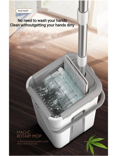 Microfiber Flat Mop With Bucket Cleaning Squeeze Hand Free Floor Mop 2 Reusable Mop Pads Stainless Steel Handle 360 Rotating Head Squeeze Flat Mop Set