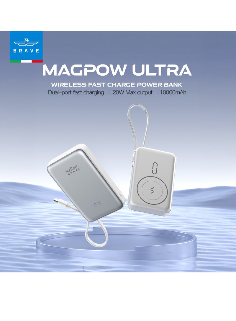 Brave 10000mAh Magnetic Wireless Power Bank – MagSafe Magnetic Wireless Portable Charger with 15W Fast Wireless Charging and 20W PD Wired Charging, Built-in USB-C Cable and LED Digital Display – Magnetic Charging Battery Compatible with iPhone 16/15/14/13, Apple Watch Series 10, AirPods, Galaxy S25/S24/S23, Android Phones and Tablets (White/Silver)  - Image 2