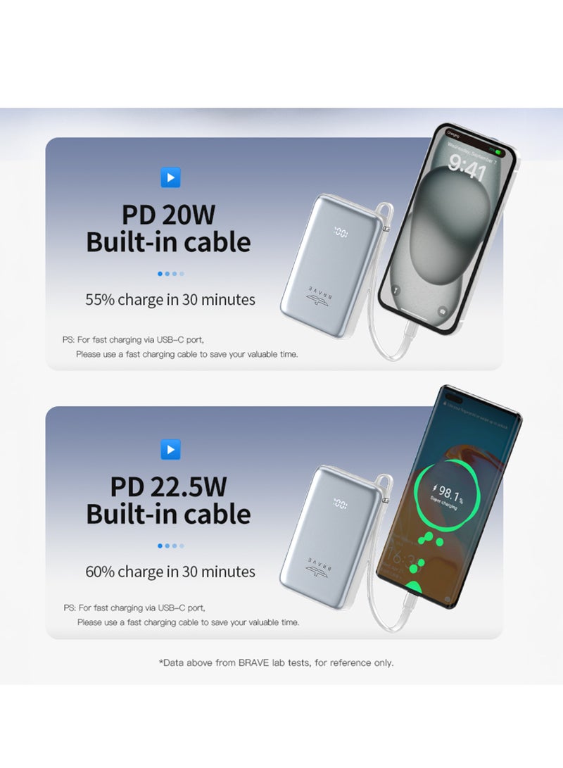 Brave 10000mAh Magnetic Wireless Power Bank – MagSafe Magnetic Wireless Portable Charger with 15W Fast Wireless Charging and 20W PD Wired Charging, Built-in USB-C Cable and LED Digital Display – Magnetic Charging Battery Compatible with iPhone 16/15/14/13, Apple Watch Series 10, AirPods, Galaxy S25/S24/S23, Android Phones and Tablets (White/Silver)  - Image 3