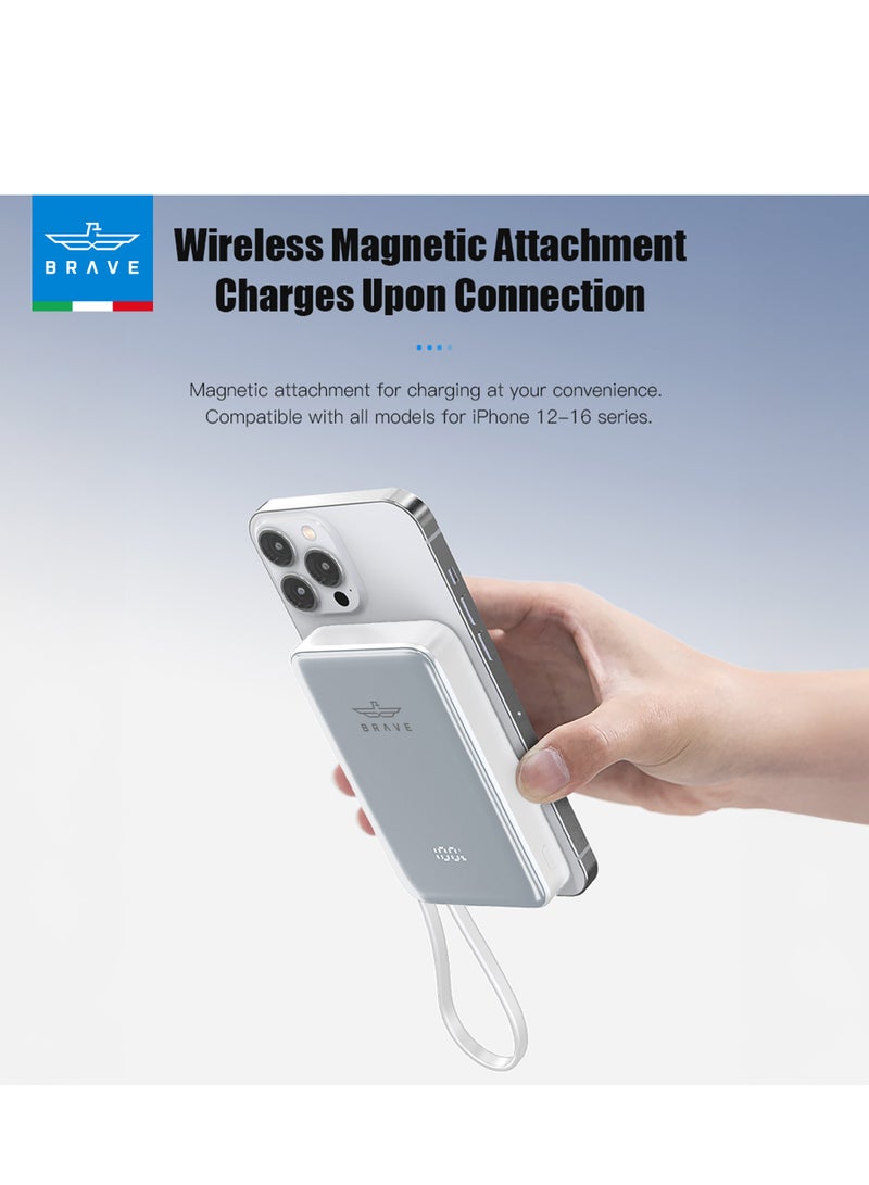 Brave 10000mAh Magnetic Wireless Power Bank – MagSafe Magnetic Wireless Portable Charger with 15W Fast Wireless Charging and 20W PD Wired Charging, Built-in USB-C Cable and LED Digital Display – Magnetic Charging Battery Compatible with iPhone 16/15/14/13, Apple Watch Series 10, AirPods, Galaxy S25/S24/S23, Android Phones and Tablets (White/Silver)  - Image 5