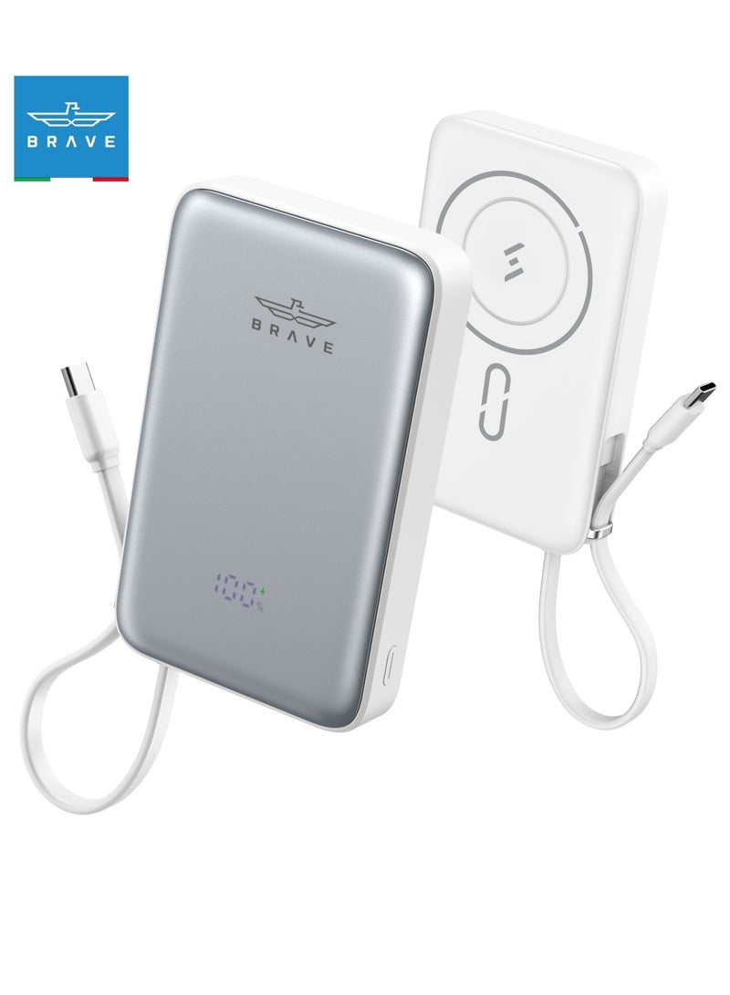 Brave 10000mAh Magnetic Wireless Power Bank – MagSafe Magnetic Wireless Portable Charger with 15W Fast Wireless Charging and 20W PD Wired Charging, Built-in USB-C Cable and LED Digital Display – Magnetic Charging Battery Compatible with iPhone 16/15/14/13, Apple Watch Series 10, AirPods, Galaxy S25/S24/S23, Android Phones and Tablets (White/Silver)  - Image 1