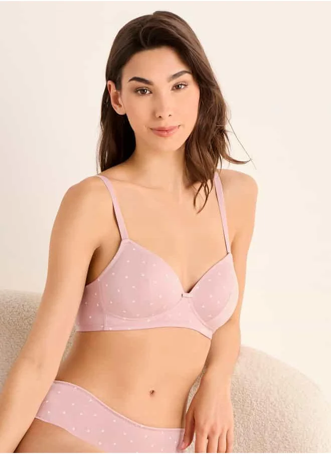 فاف Heart Print Support Bra with Bow Detail and Adjustable Straps