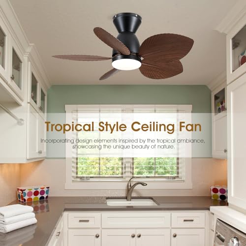 Kviflon Tropical Ceiling Fans with Lights and Remote Control, 30 Inch Low Profile Flush Mount Ceiling Fans, Palm Leaf Ceiling Fan with Light for Small Room Indoor Outdoor, Brown - Image 2