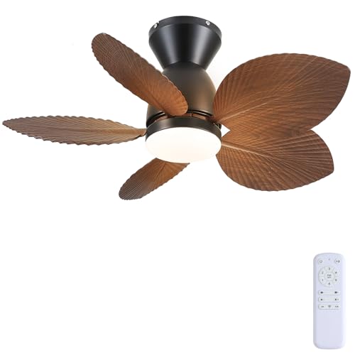 Kviflon Tropical Ceiling Fans with Lights and Remote Control, 30 Inch Low Profile Flush Mount Ceiling Fans, Palm Leaf Ceiling Fan with Light for Small Room Indoor Outdoor, Brown - Image 1