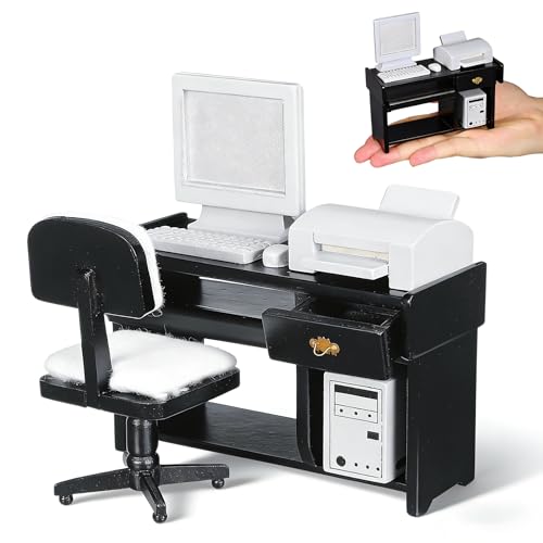 NUOBESTY 112 Dollhouse Miniature Office Furniture Set Black Desk Chair with Computer Mouse Keyboard Printer for Kids Doll House Decoration - Image 1