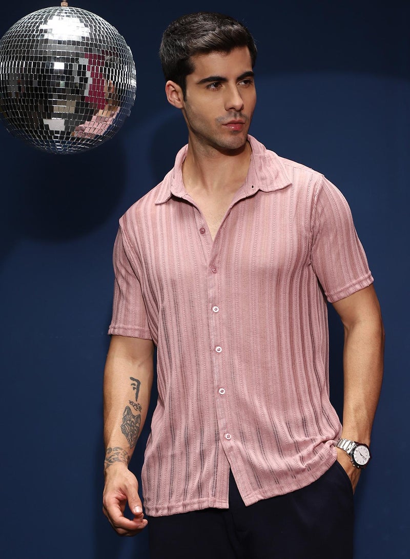 Campus Sutra Men's Rouge Pink Ridge Knit Shirt - Image 1