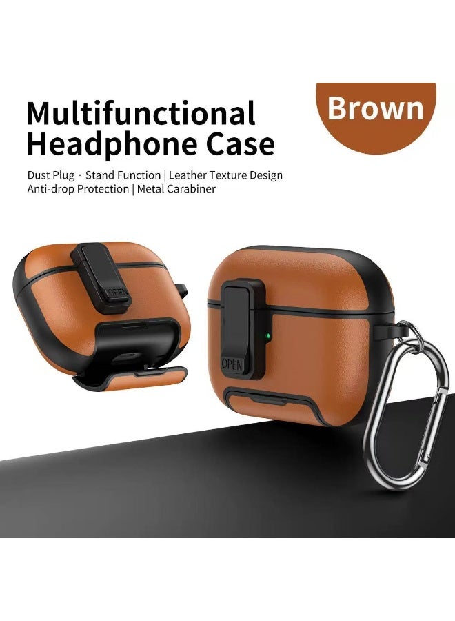 دكينج لحماية سماعات AirPods Pro 3 من الجلد الصناعي PU، تأتي مع مجموعة تنظيف ومشبك معدني، وتتميز بتصميم حامل مغناطيسي وقفل مقاوم للصدمات. غطاء الحماية Apple Pro 3 يدعم الشحن اللاسلكي من خلال الغطاء. اللون: بني فاتح. - Image 3