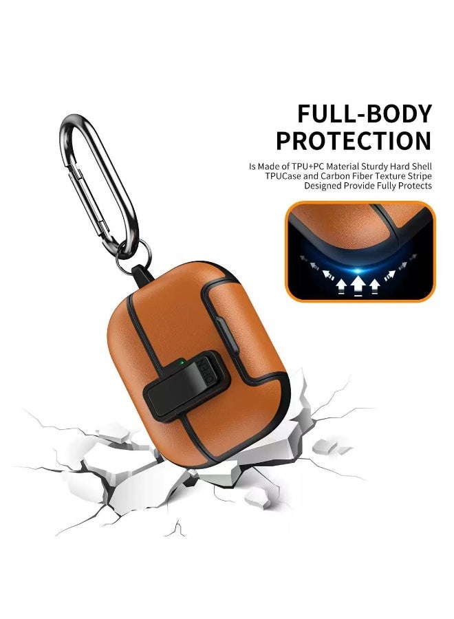 دكينج لحماية سماعات AirPods Pro 3 من الجلد الصناعي PU، تأتي مع مجموعة تنظيف ومشبك معدني، وتتميز بتصميم حامل مغناطيسي وقفل مقاوم للصدمات. غطاء الحماية Apple Pro 3 يدعم الشحن اللاسلكي من خلال الغطاء. اللون: بني فاتح. - Image 4