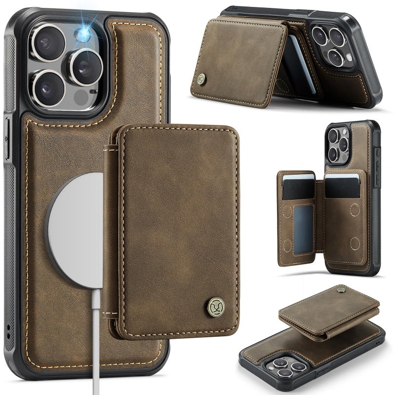 Usroom Compatible with Magsafe for iPhone 15 Pro Wallet Case Magnetic Card Holder, RFID Blocking 2 in 1 Detachable Kickstand Shockproof Case for Women Men, Brown - Image 1
