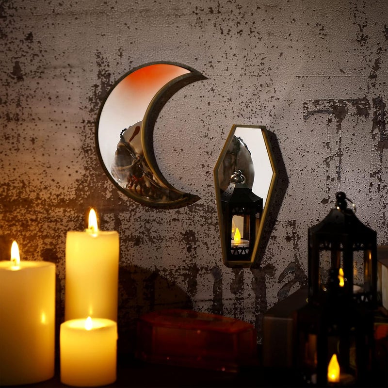 Marsui 2 Pieces Tiny Coffin Moon Mirror Cute Goth Room Decor Spooky Gothic Decorative Mirror Rustic Black Wall Decor WallMounted for Halloween Indoor Decoration6 Inches - Image 4