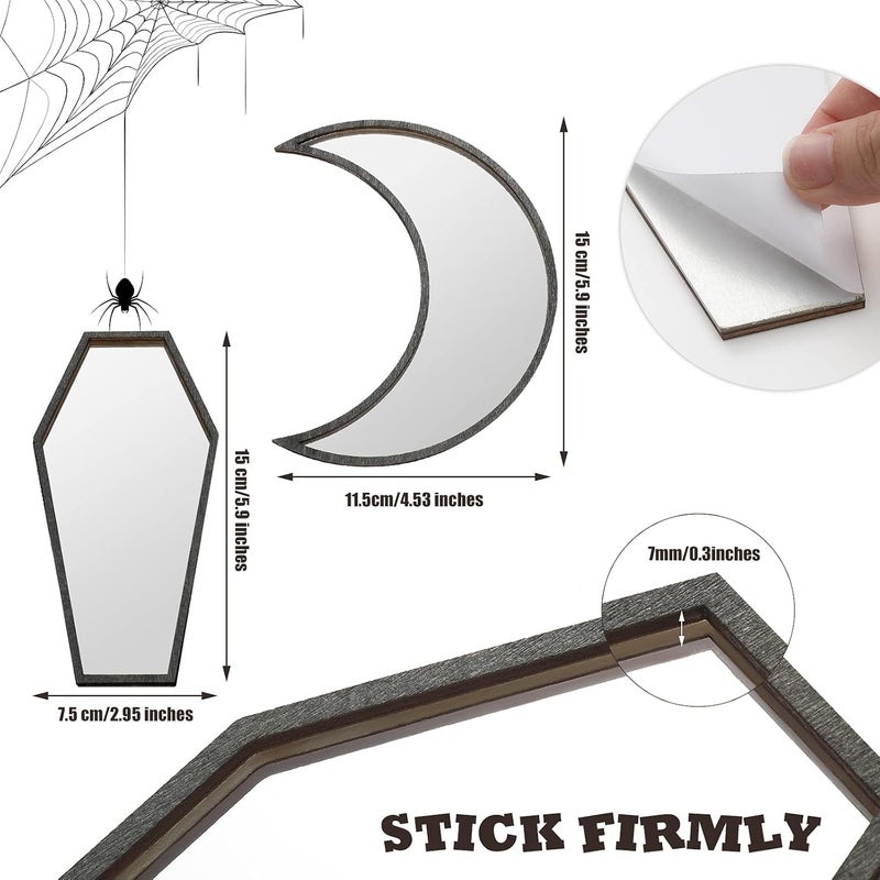 Marsui 2 Pieces Tiny Coffin Moon Mirror Cute Goth Room Decor Spooky Gothic Decorative Mirror Rustic Black Wall Decor WallMounted for Halloween Indoor Decoration6 Inches - Image 2