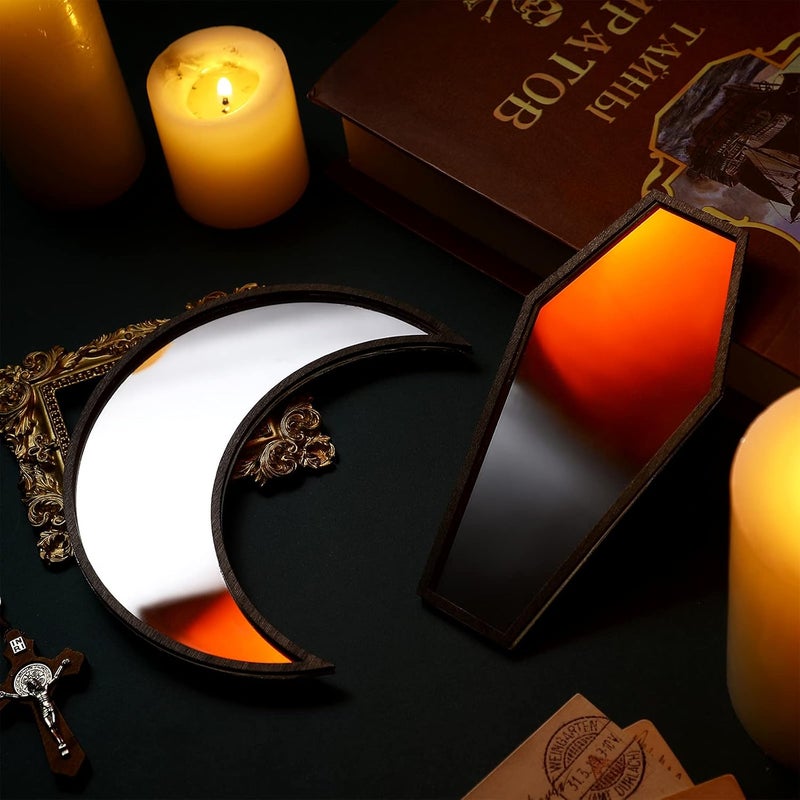 Marsui 2 Pieces Tiny Coffin Moon Mirror Cute Goth Room Decor Spooky Gothic Decorative Mirror Rustic Black Wall Decor WallMounted for Halloween Indoor Decoration6 Inches - Image 3