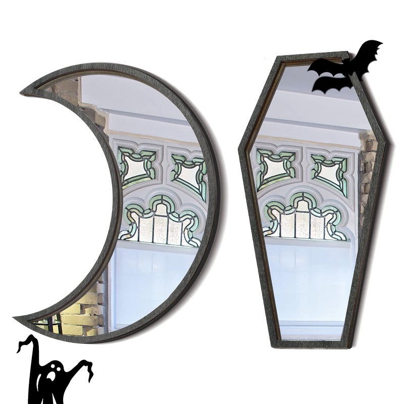 Marsui 2 Pieces Tiny Coffin Moon Mirror Cute Goth Room Decor Spooky Gothic Decorative Mirror Rustic Black Wall Decor WallMounted for Halloween Indoor Decoration6 Inches - Image 1