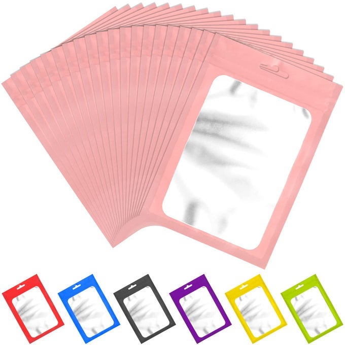 100 PIECES RESEALABLE MYLAR BAGS WITH ZIP AND CLEAR WINDOW RESEALABLE PACKAGING BAGS FOIL POUCH ZIPPER BAG FOR FOOD SELF SEALING STORAGE SUPPLIES PINK 629X944 INCHES