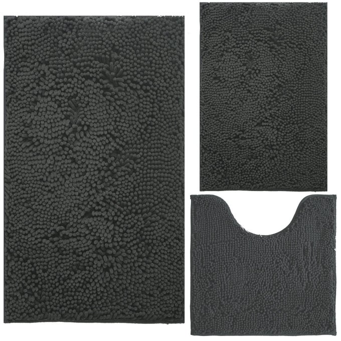 CHENILLE BATH MAT SET 3PIECE BATH RUGS EXTRA SOFT NON SLIP ABSORBENT SHAG BATHROOM CARPET MACHINE WASHABLE STRONG PVC UNDERSIDE GREY