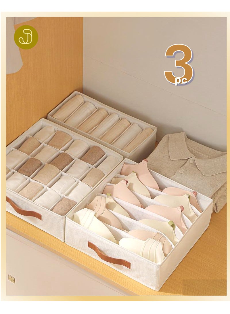 جويي صندوق تخزين قماشي قابل للطي بثلاث قطع | منظم أدراج خزانة | سلال قماشية، صناديق، مقسمات، يُستخدم للملابس، الجوارب، الملابس الداخلية، إكسسوارات الملابس، البيجامات، ملابس الأطفال، الملابس الداخلية، حمالات الصدر (بيج) - Image 1