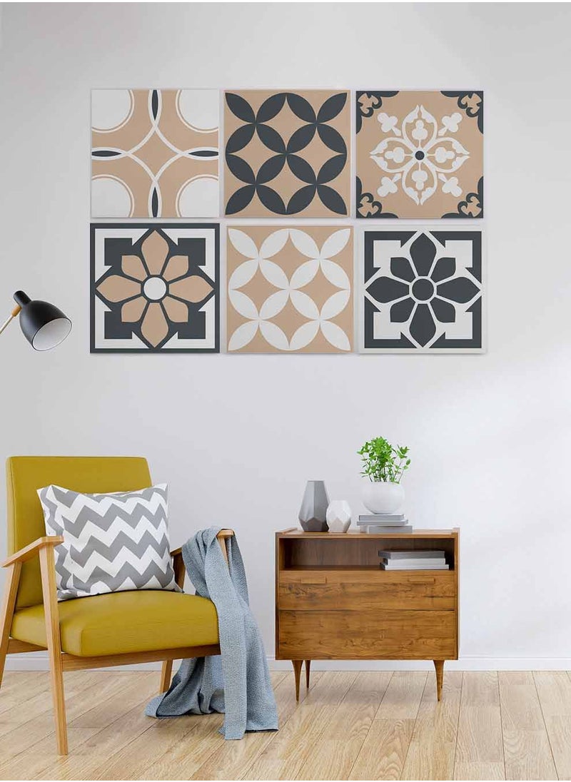 LOWHA Set Of 6 Framed Square Canvas Wall Arts Stretched Over Wooden Frame, Vintage Decorative Seamless Painting, For Home, Living Room, Office Decor  - Image 3