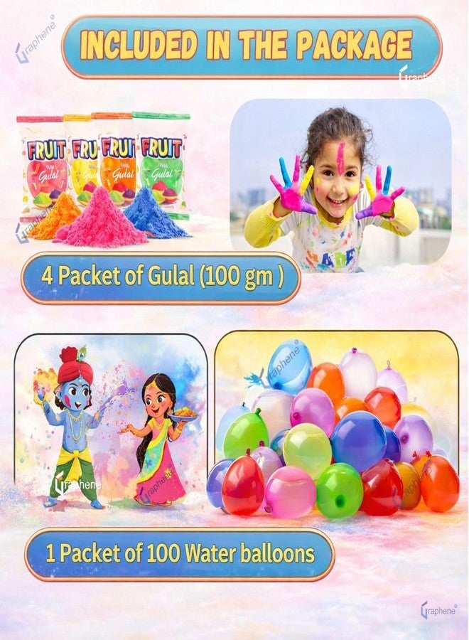 GRAPHENE Holi Combo Herbal Fruit Gulal pack of 4 & 100 Water Balloons for Kids Eco-Friendly Non Toxic Abeer Quick Fill Easy Tie Fruit Gulaal Vibrant Colors Water Celebrations Pool Party for Boys&Girls - Image 4