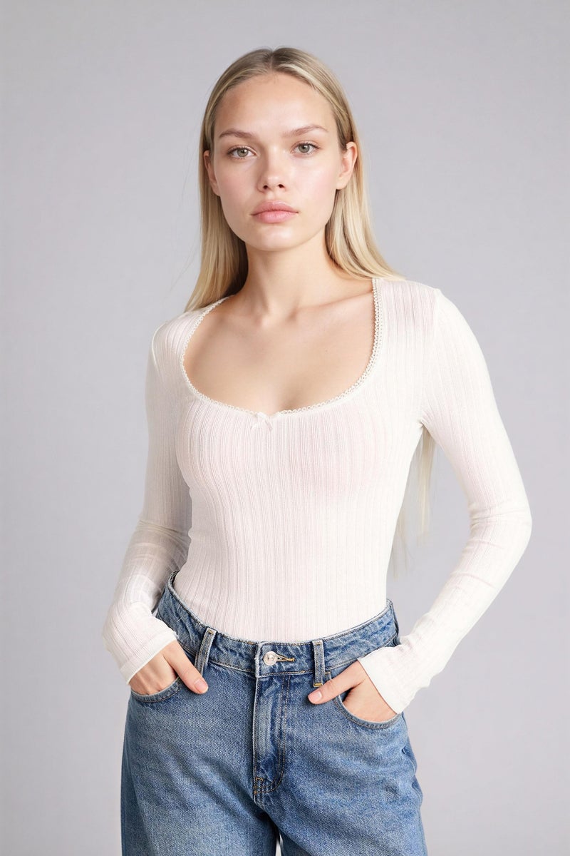 DeFacto White Woman Fitted U Collar Long Sleeves T-Shirt Casual - Image 1