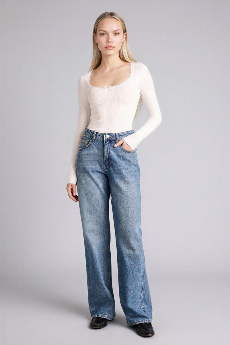 DeFacto White Woman Fitted U Collar Long Sleeves T-Shirt Casual - Image 2