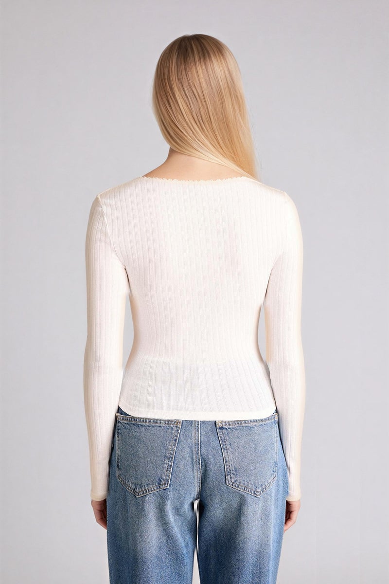 DeFacto White Woman Fitted U Collar Long Sleeves T-Shirt Casual - Image 5