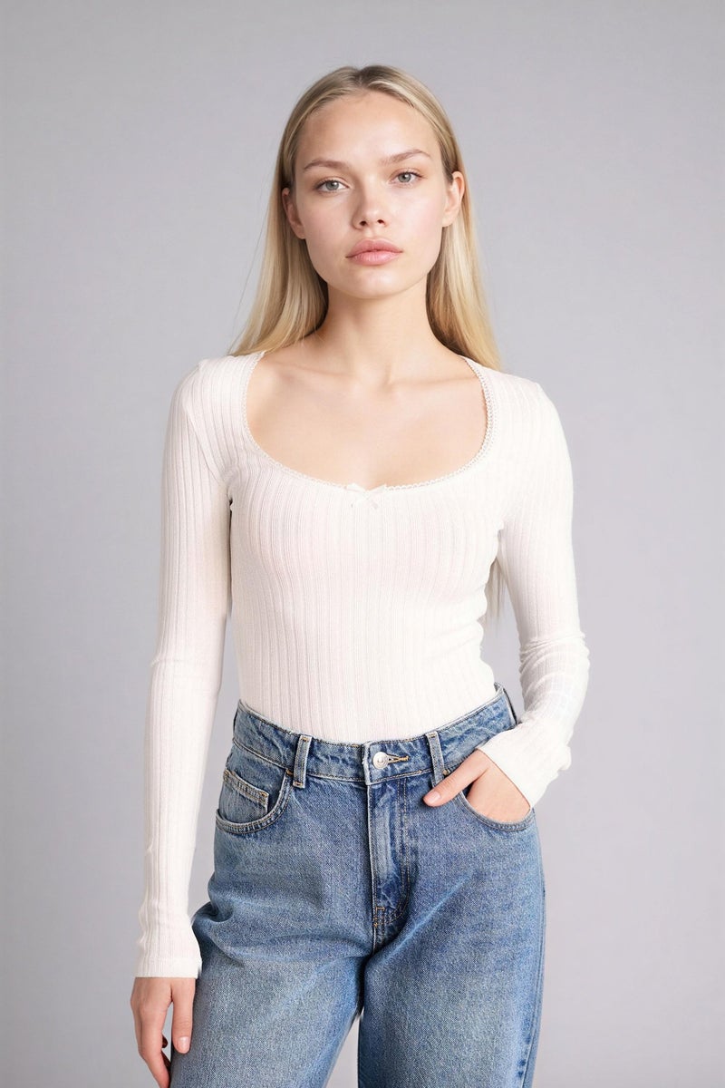 DeFacto White Woman Fitted U Collar Long Sleeves T-Shirt Casual - Image 3
