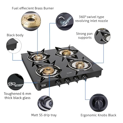 Glen Gas Stove 4 Burner | Toughened Glass Top LPG Gas Stoves 55 cm Junior | Fuel Efficient Brass Burners Black | Manual Ignition ISI Certified Revolving Nozzle | 2 Year Warranty - Image 2
