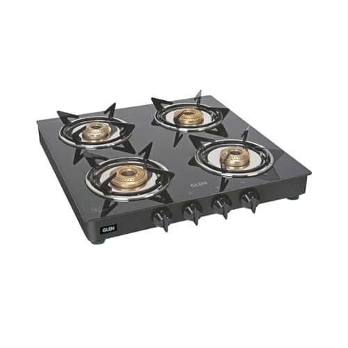 Glen Gas Stove 4 Burner | Toughened Glass Top LPG Gas Stoves 55 cm Junior | Fuel Efficient Brass Burners Black | Manual Ignition ISI Certified Revolving Nozzle | 2 Year Warranty - Image 1