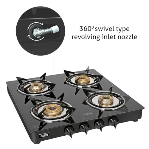 Glen Gas Stove 4 Burner | Toughened Glass Top LPG Gas Stoves 55 cm Junior | Fuel Efficient Brass Burners Black | Manual Ignition ISI Certified Revolving Nozzle | 2 Year Warranty - Image 4