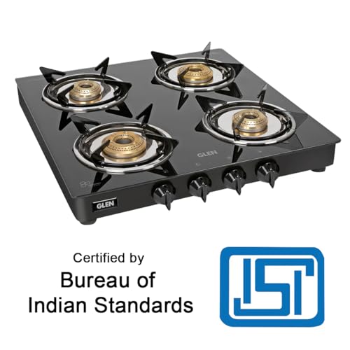 Glen Gas Stove 4 Burner | Toughened Glass Top LPG Gas Stoves 55 cm Junior | Fuel Efficient Brass Burners Black | Manual Ignition ISI Certified Revolving Nozzle | 2 Year Warranty - Image 5