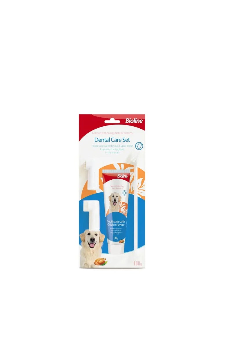 Bioline Dental Hygiene Set for Pets – Chicken Flavor 100g | Tartar Control Toothpaste with 3 Brush Heads for Front Teeth, Molars & Sensitive Gums - Image 1
