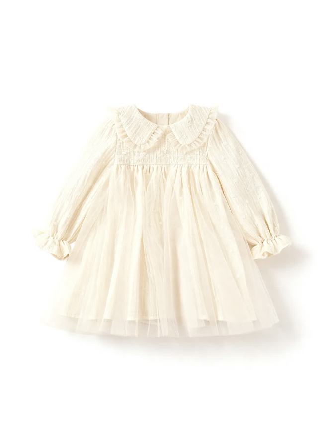 Snoffy Snafi Girls Princess Dress Children's Spring Birthday Doll Collar Tulle Dress Apricot 110 - Image 3