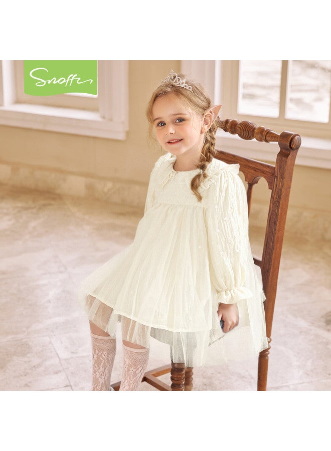 Snoffy Snafi Girls Princess Dress Children's Spring Birthday Doll Collar Tulle Dress Apricot 110 - Image 2