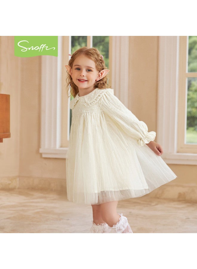Snoffy Snafi Girls Princess Dress Children's Spring Birthday Doll Collar Tulle Dress Apricot 110 - Image 1