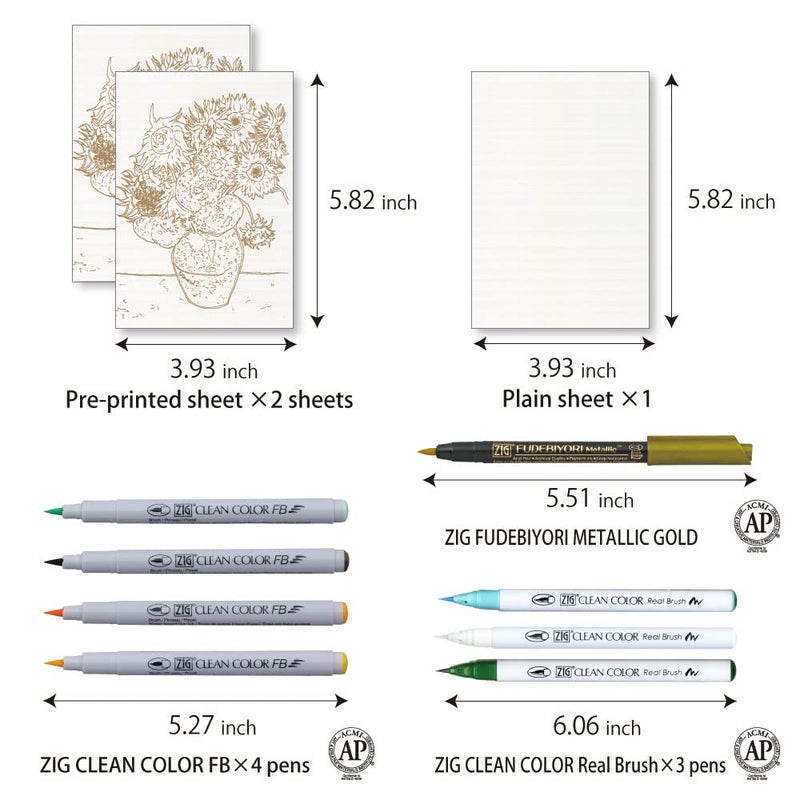 Kuretake ZIG HISTORIC ART COLLECTION WATERCOLOR W/V.VAN GOGH set, 4 CLEAN COLOR FB Brush pens and 3 bristle brush pens - Image 3