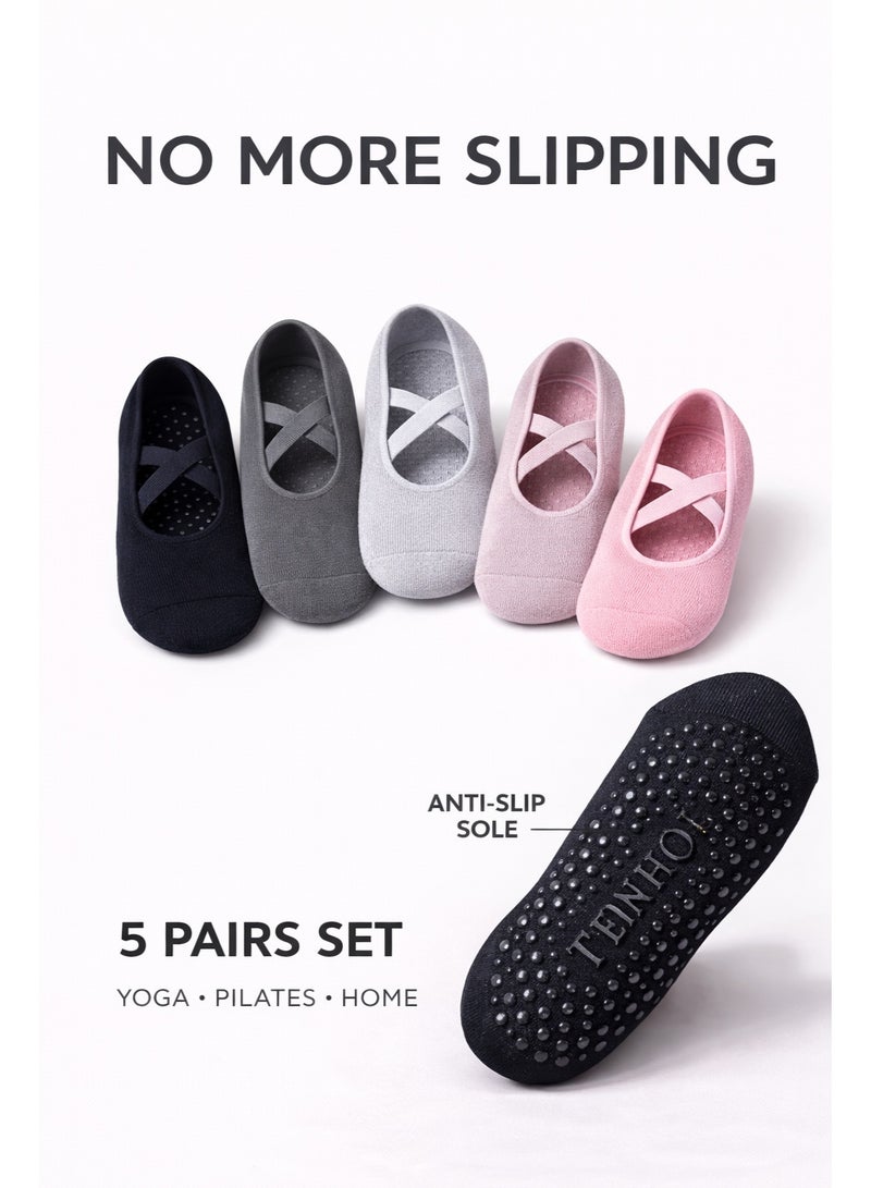 Women Non-Slip Grip Socks 5 Pairs for Yoga Pilates Barre Dance Breathable Anti-Skid Home Workout Socks - Image 1