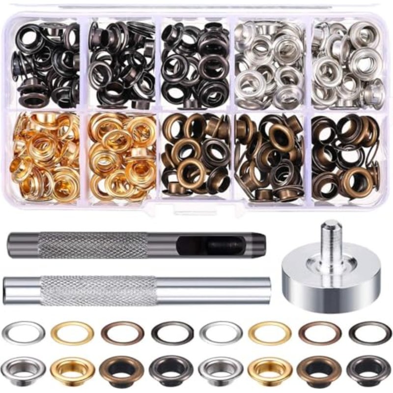 Grommet Kit, 200 Sets Metal Eyelets with Installation Tools, 1/4 Inch Grommets for Clothing, Leather, Canvas and Fabric Crafts, Includes Storage Container - Image 1