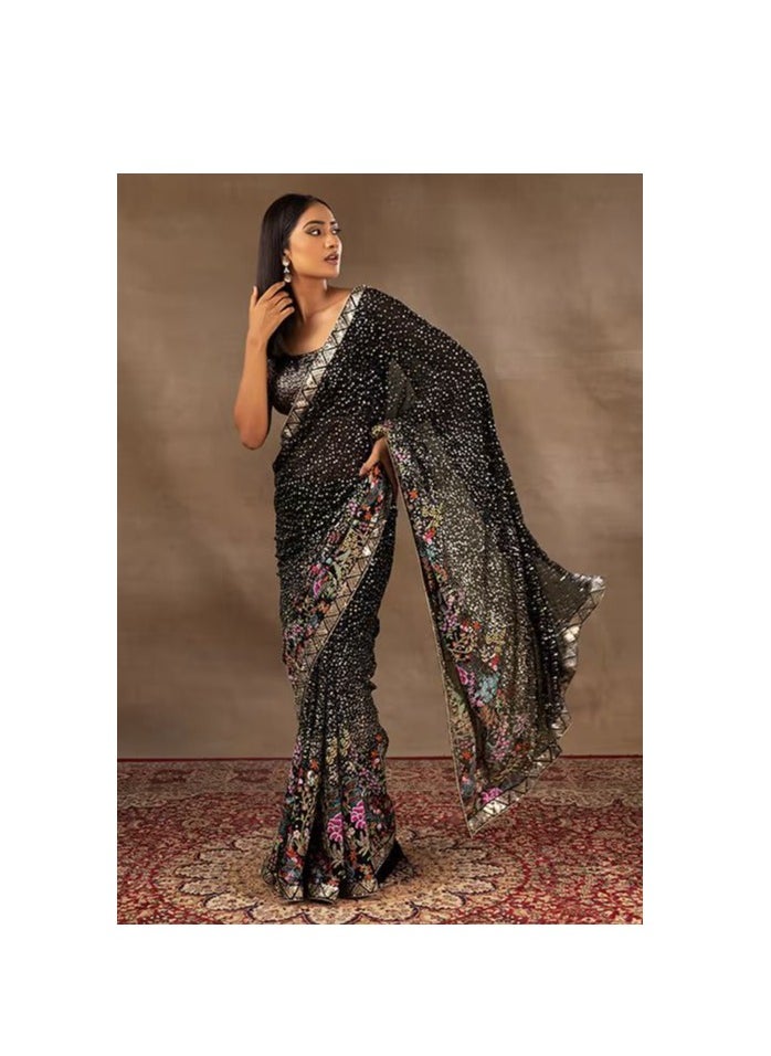 Grab Mantra - Georgette Black Saree With Multi Colour Thread Plus Sequence Work and Unstitched Blouse - Image 1