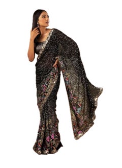 Georgette Black Saree With Multi Colour Thread Plus Sequence Work and Unstitched Blouse